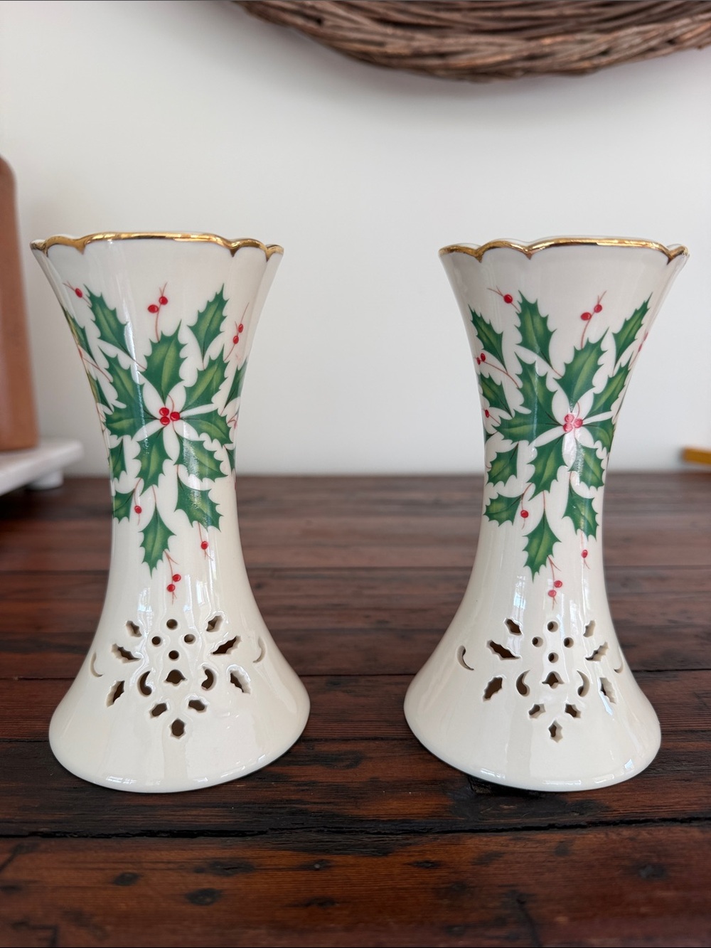 Lenox White Holly Pattern Ceramic Candlestick Pair with Gold Trim.